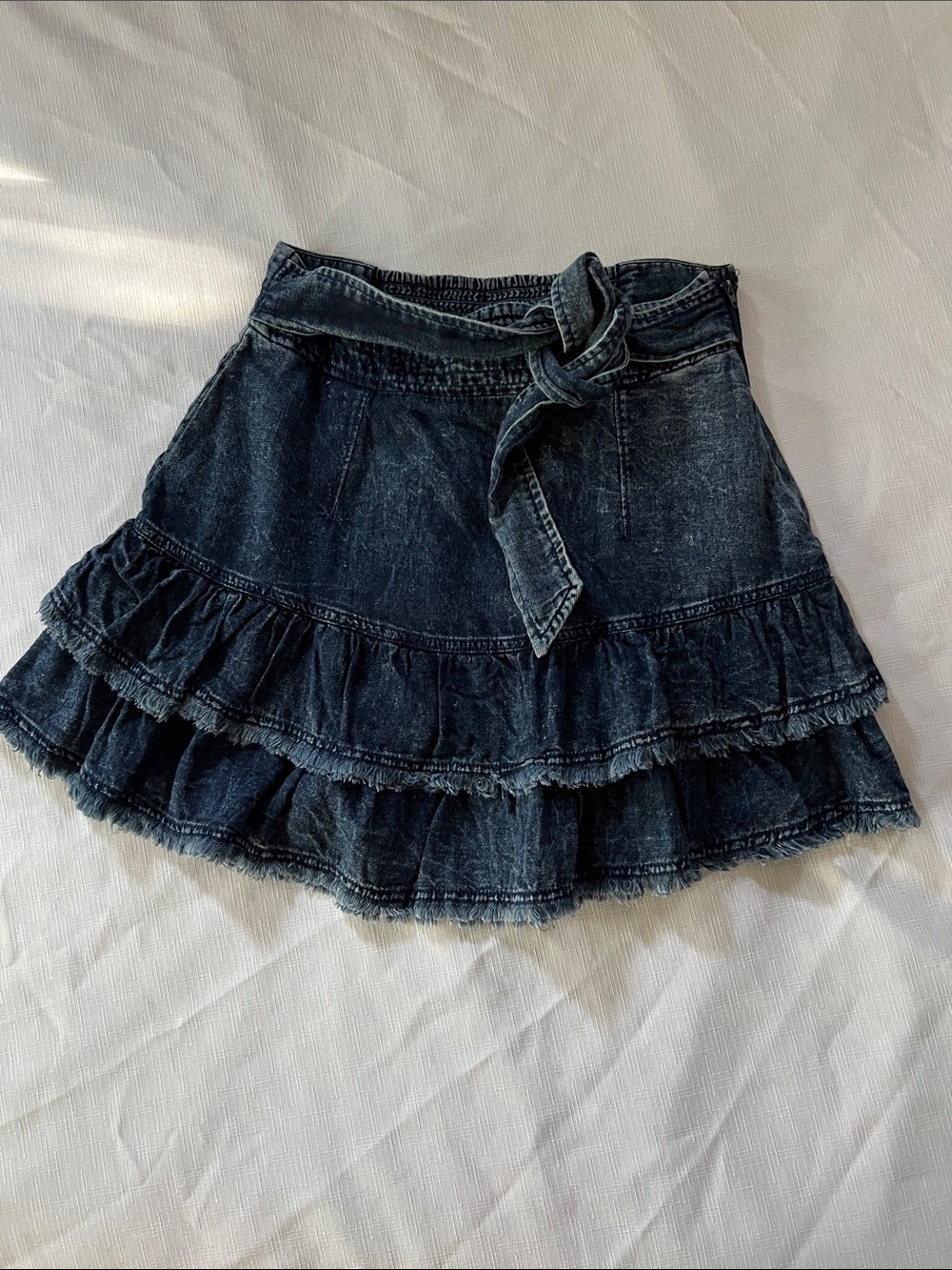 Pilcro Dark Blue Denim Tiered Ruffle Skirt with Tie Waist, pockets, and side zip - Picture 1 of 4